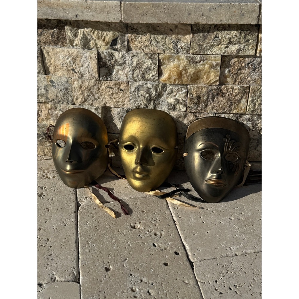 Set of 3 Decorative Brass Face Masks‎ Indian Made Venetian Style Wall Decor